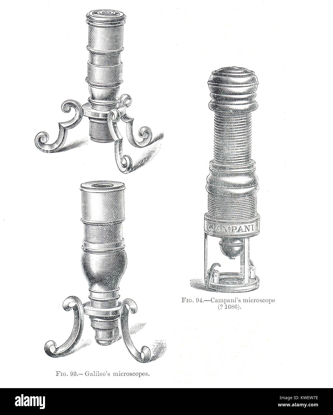 Compound microscopes of the 17th century by Galileo Galilei and Giuseppe Campani Stock Photo