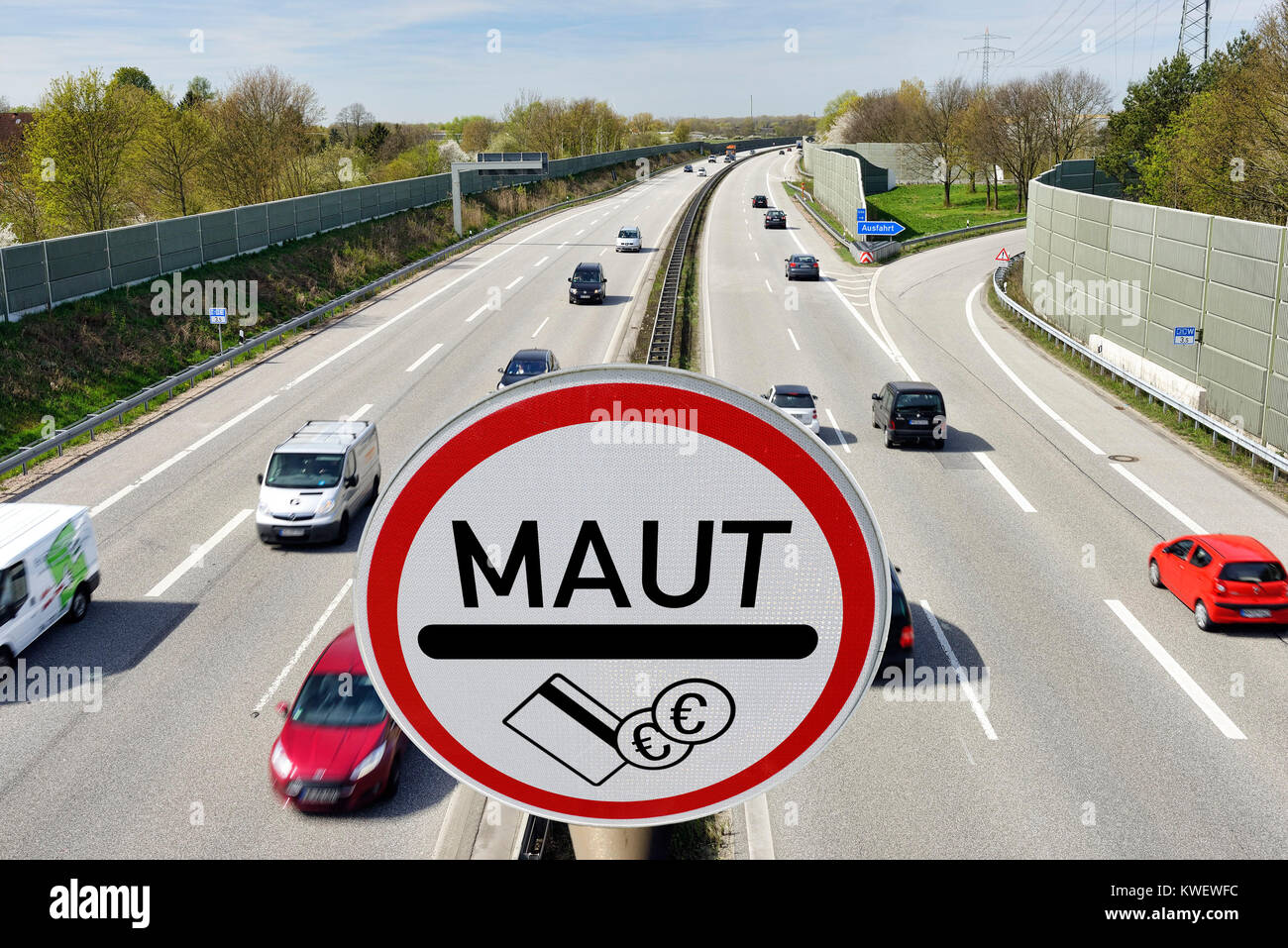 Highway and toll sign, symbolic photo passenger car toll, Autobahn und Maut-Schild, Symbolfoto PKW-Maut Stock Photo