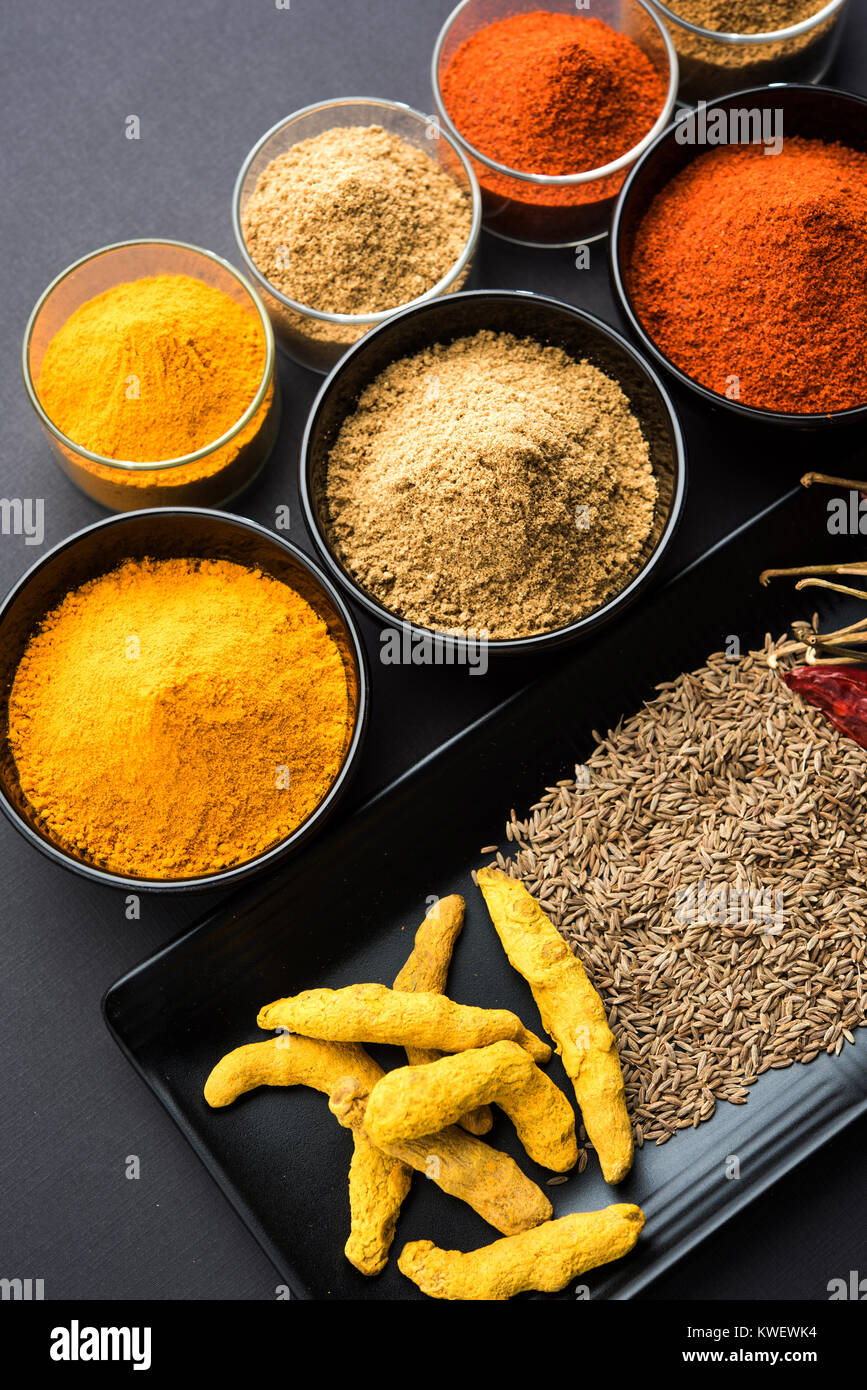 Indian colourful spices. Group photo of four basic Indian spices like raw red chilli, turmeric