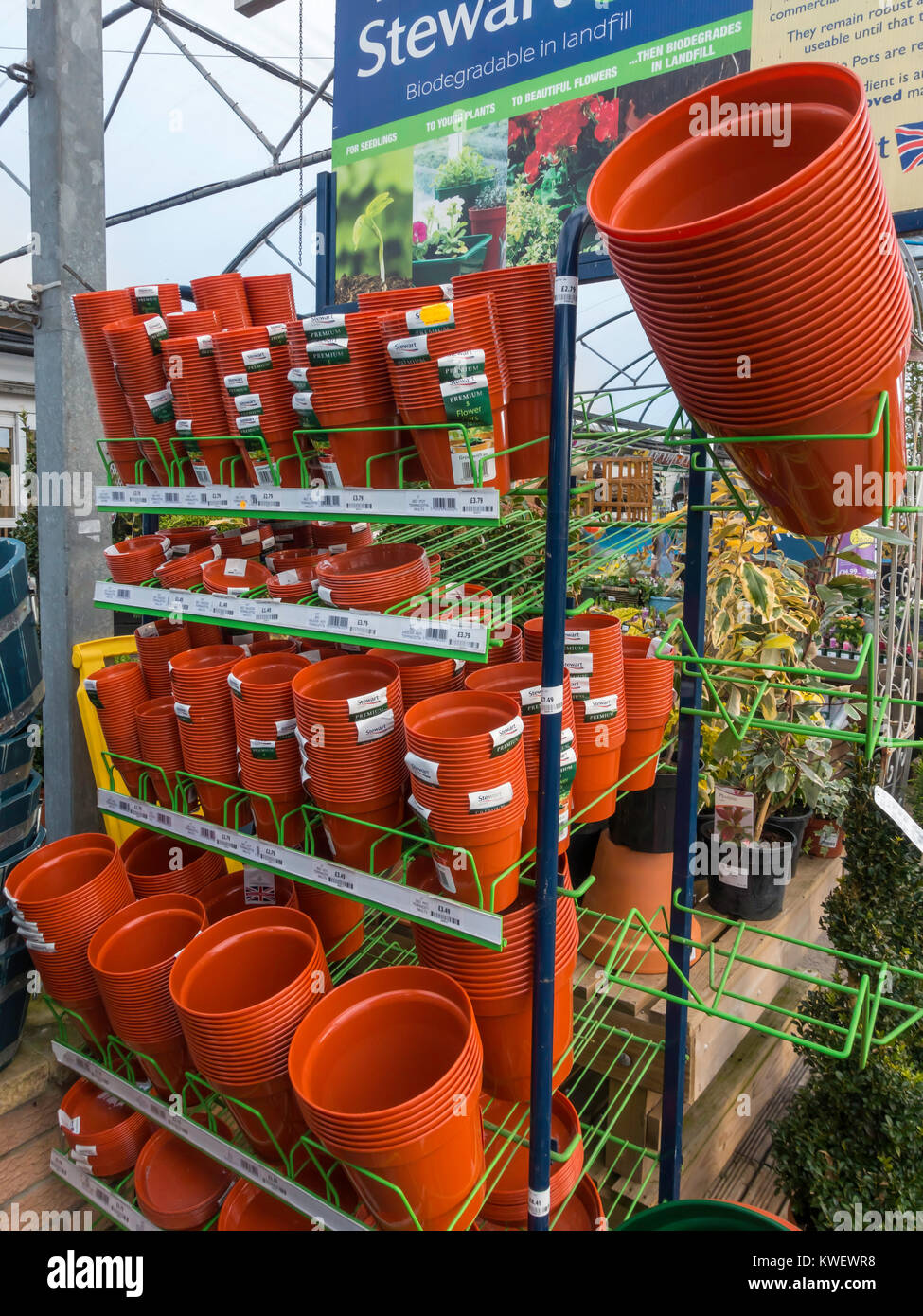 A garden centre display of eco friendly Stewart plant pots bio