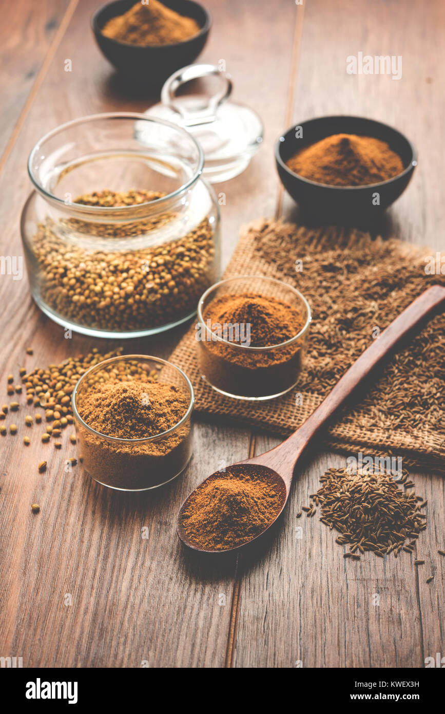 Indian spice coriander powder heap and cumin powder , selective focus