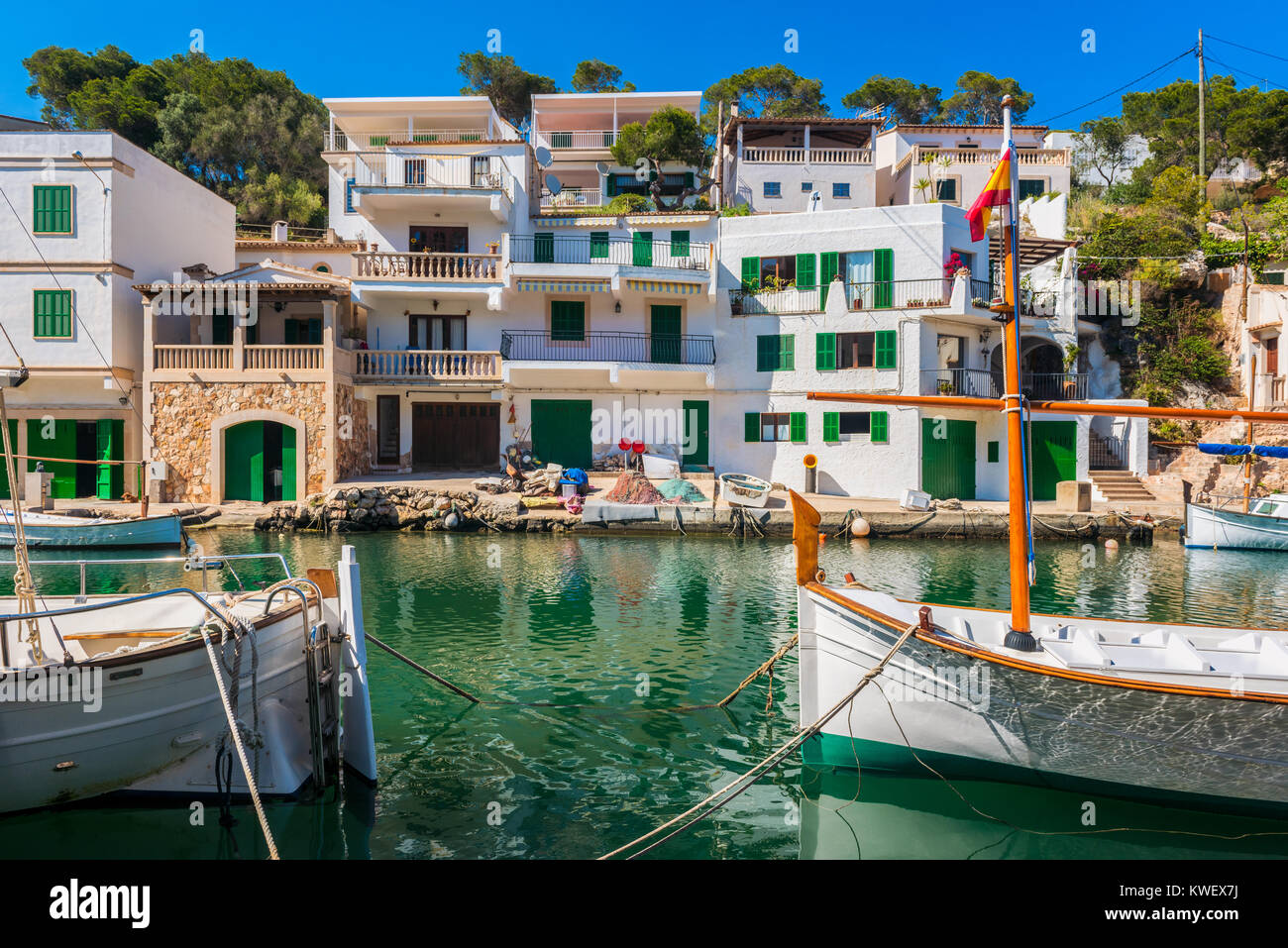 Boats in Canal in Cala Figuera Mallorca Spain Stock Photo