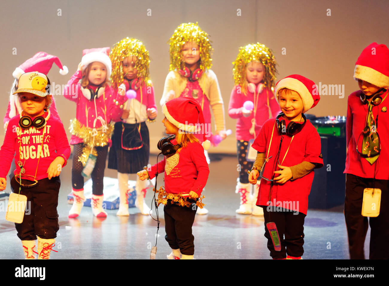 Three and four year olds singing and dancing, giving their christmas show Stock Photo