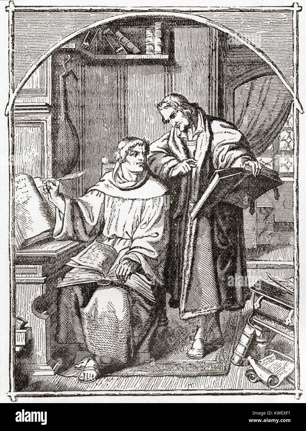 Luther and Melancthon translating the Bible.  Martin Luther, 1483-1546.  German theologian and religious reformer.  Philipp Melancthon, born Philipp Schwartzerdt, 1497- 1560.  German author, humanist, reformer, theologian and educator.  From Ward and Lock's Illustrated History of the World, published c.1882. Stock Photo