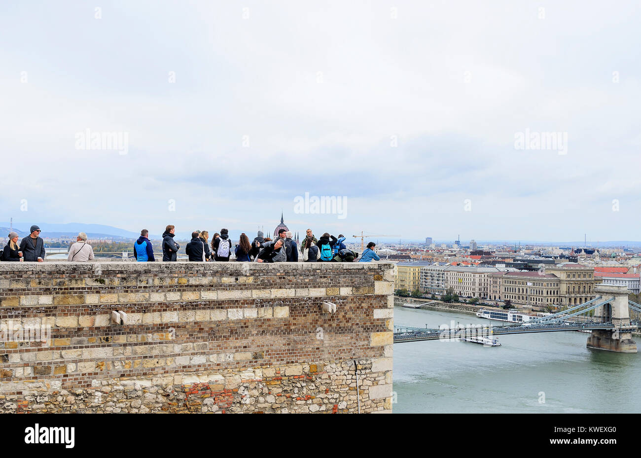 Tourists on a viewing platform of the Royal Palace in Budapest. Stock Photo