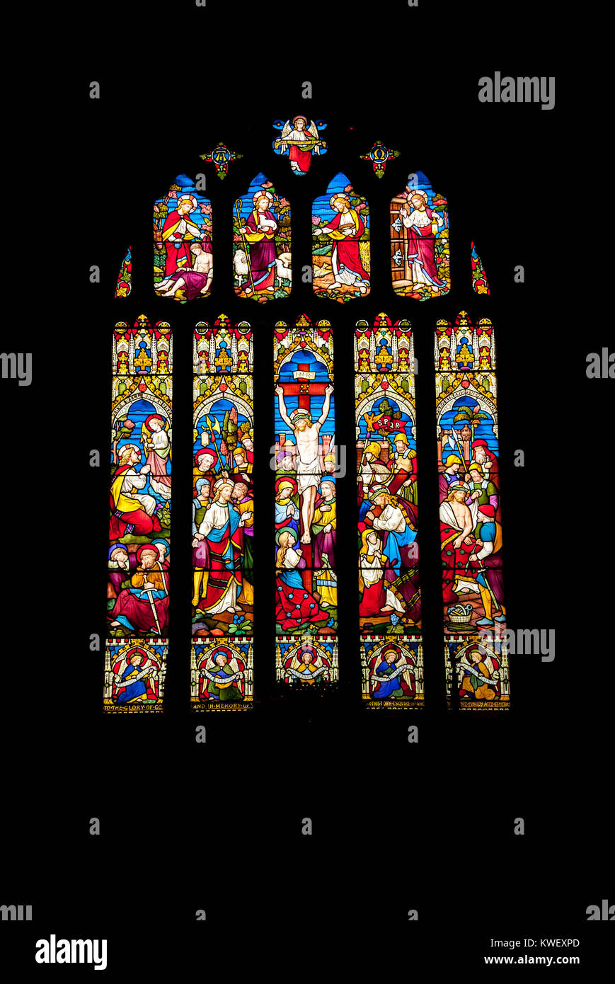 Stained Glass windows from the interior of St Peter's church Carmarthen, Wales, UK. The East Window. Stock Photo