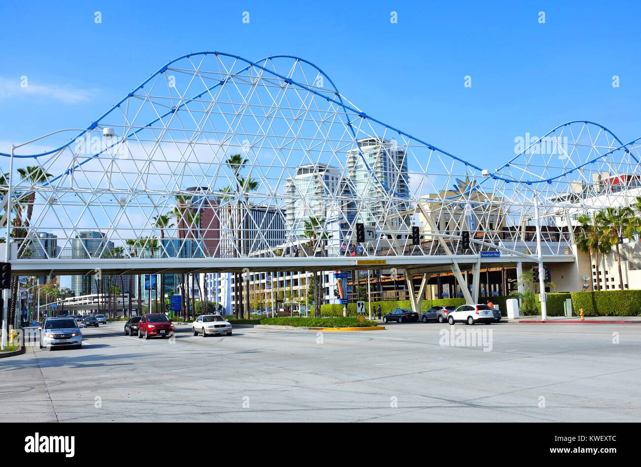 LONG BEACH, CA - FEBRUARY 21, 2015: Pedestrian bridge over Shoreline Drive, Long Beach. The bridge mimics the legendary Cyclone Racer roller coaster,  Stock Photo