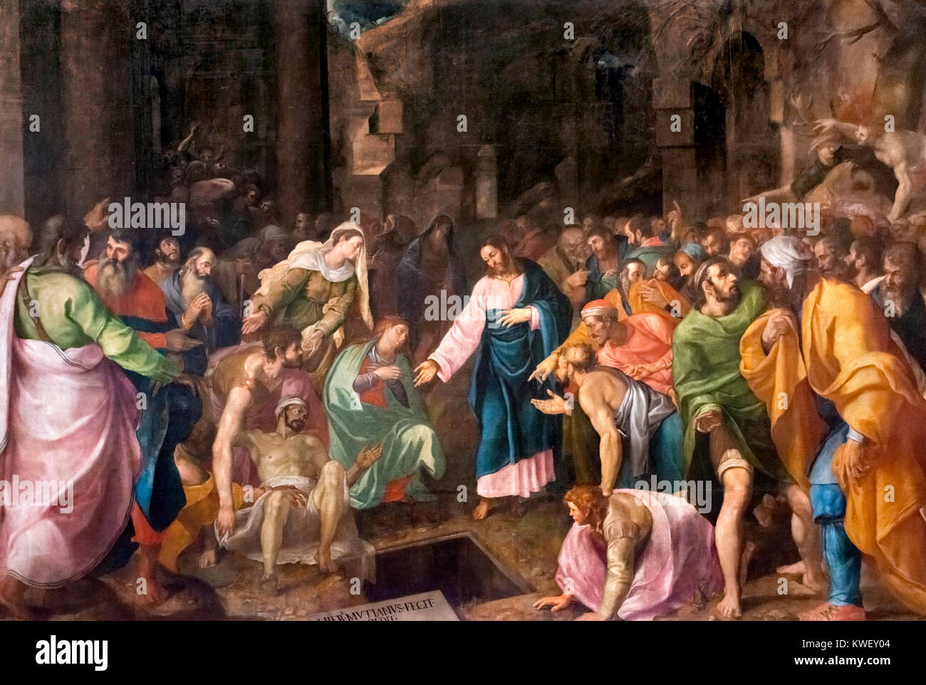 The Raising of Lazarus by Girolamo Muziano (1532-1592), oil on canvas, 1555. Stock Photo