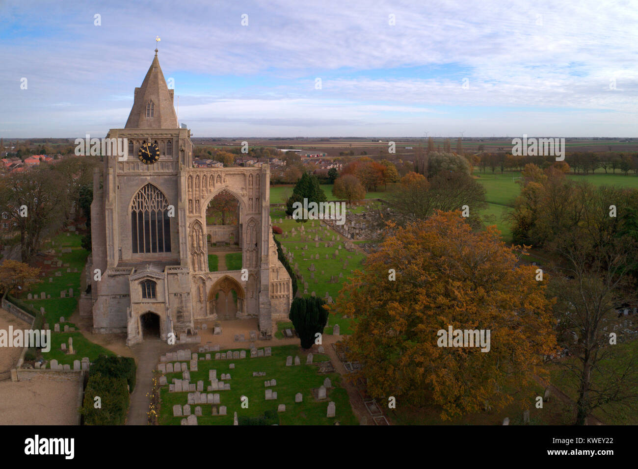 Autumn, Ariel view of Crowland Abbey; Crowland town; Lincolnshire; England; UK Stock Photo