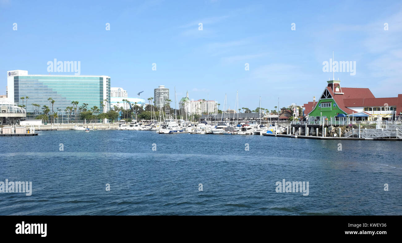 LONG BEACH, CA - FEBRUARY 21, 2015: Shoreline Village at Rainbow Harbor. The harbor and village is a popular family friendly destinations for tourists Stock Photo