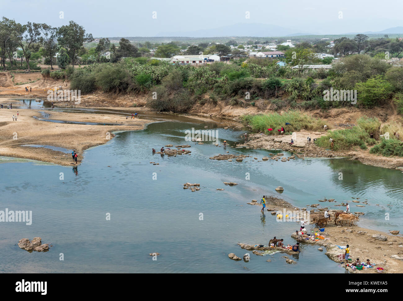 Local people living along the Mandrare River are depending on the remaining water in dry season. Southern Madagascar, Africa. Stock Photo