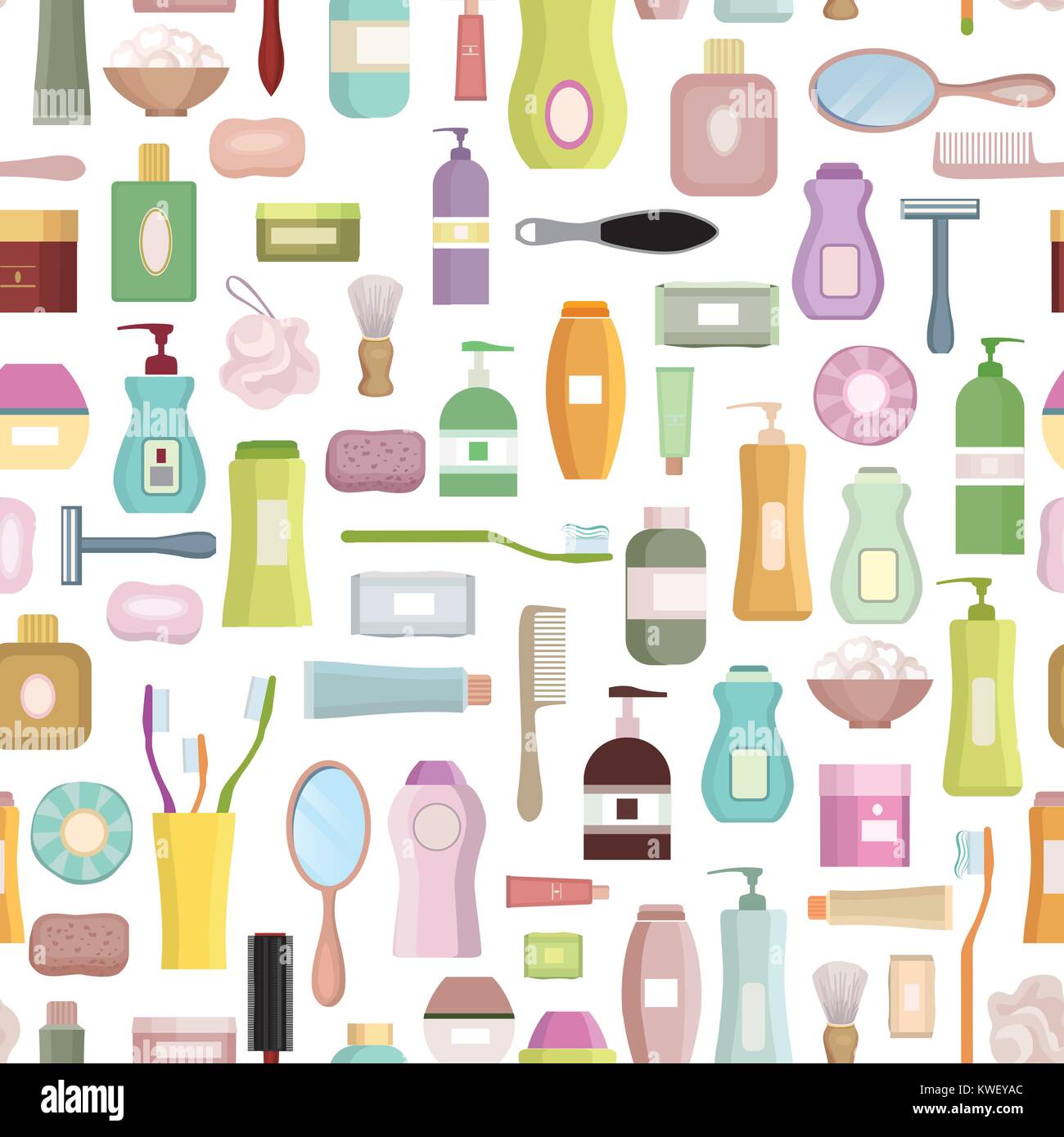 Beauty care related set background. Hygiene symbol seamless pattern. Bath supplies, shower, tooth care, brushes, towel and razors. Stock Vector