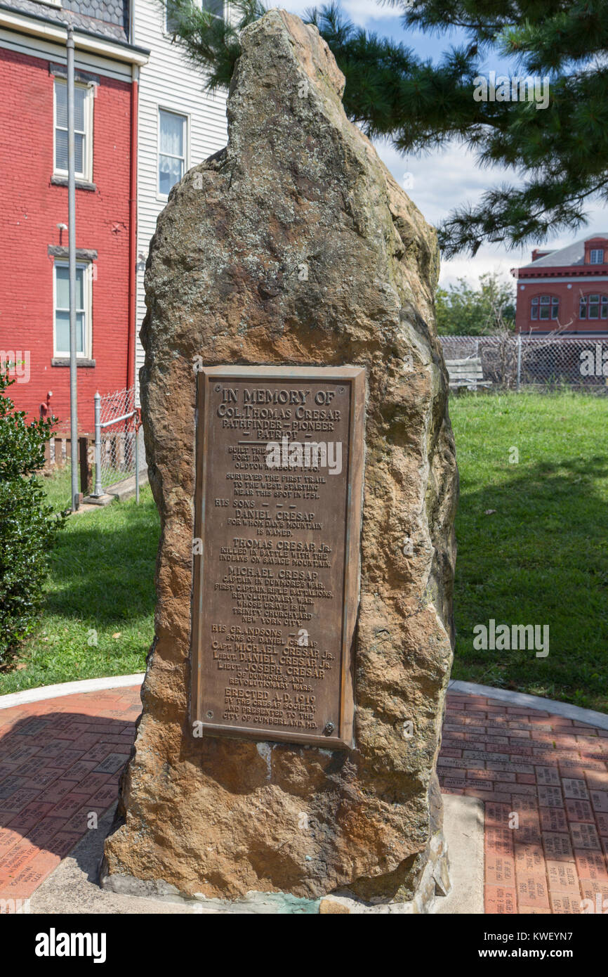 The Colonel Thomas Cresap Monument in the City of Cumberland, Maryland, United States. Stock Photo