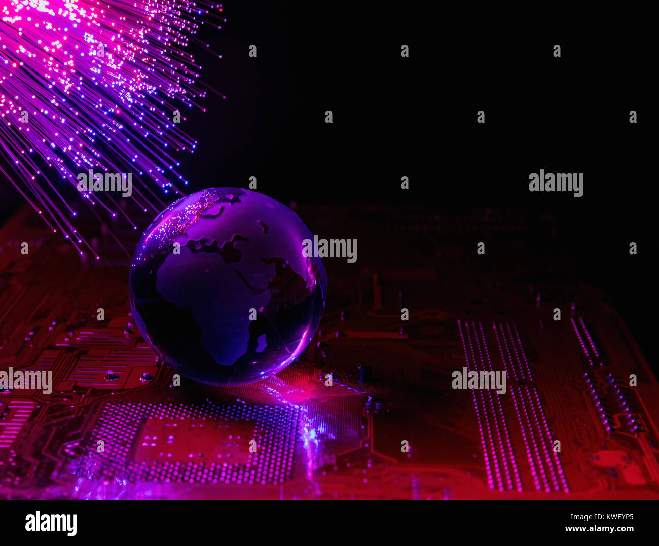 color fiber optical background on black, Fiber optics lights with globe, abstract background Stock Photo