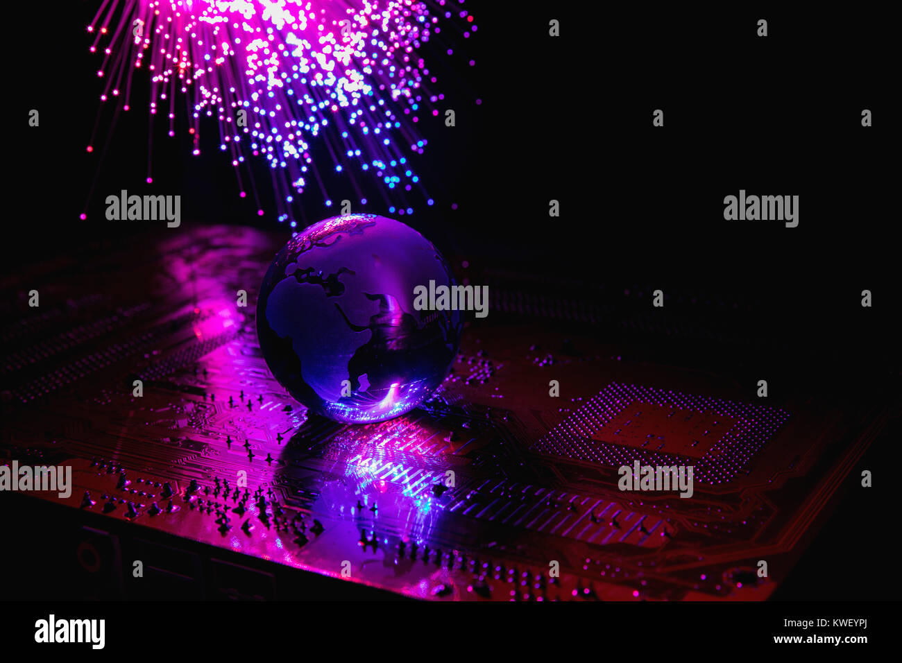 color fiber optical background on black, Fiber optics lights with globe, abstract background Stock Photo
