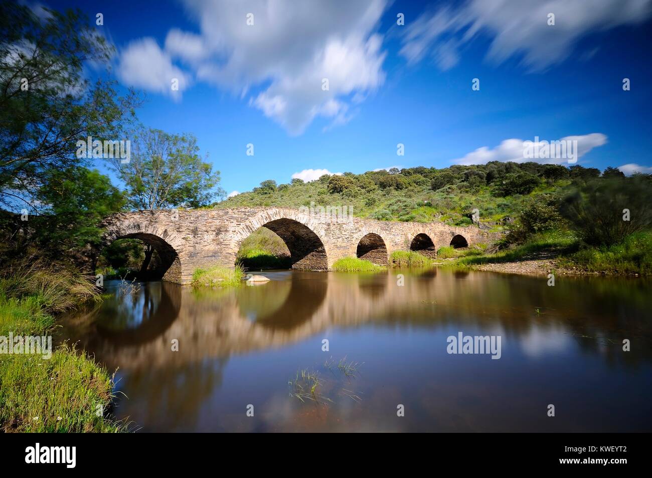 Old Bridge in Torrejon El Rubio in Caceres, Spain. Stock Photo