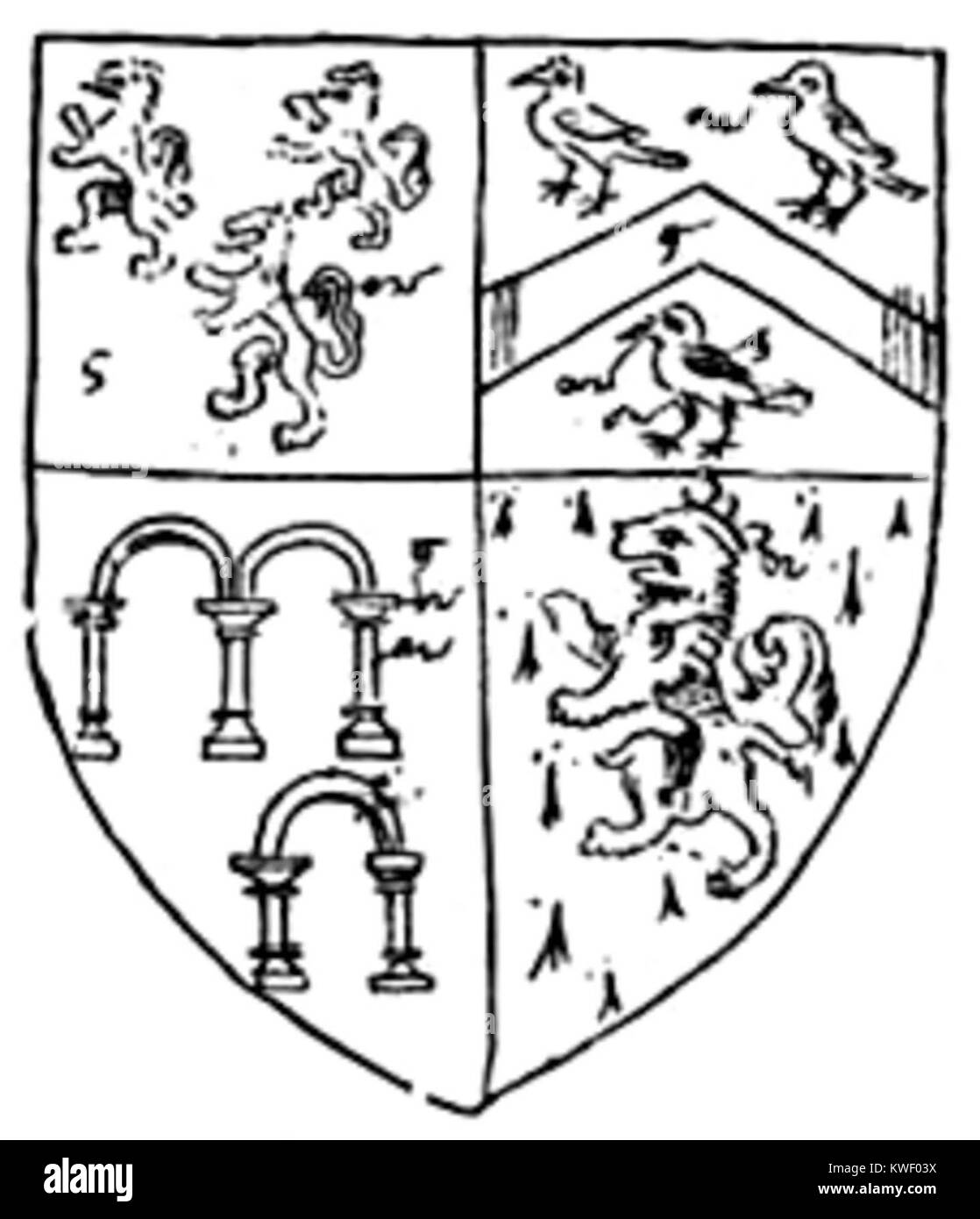 Arms of Eyston family of East Hendred, Berkshire, as drawn in 1556 by William Harvey, Clarencieux King of Arms, published in the Heraldic Visitations of Berkshire, Harleian Publication no 56, 1907, p.26. Showing quarterly, 1st: Eyston; 2nd: Stowe; 3rd: Arches 4th: Turberville Stock Photo
