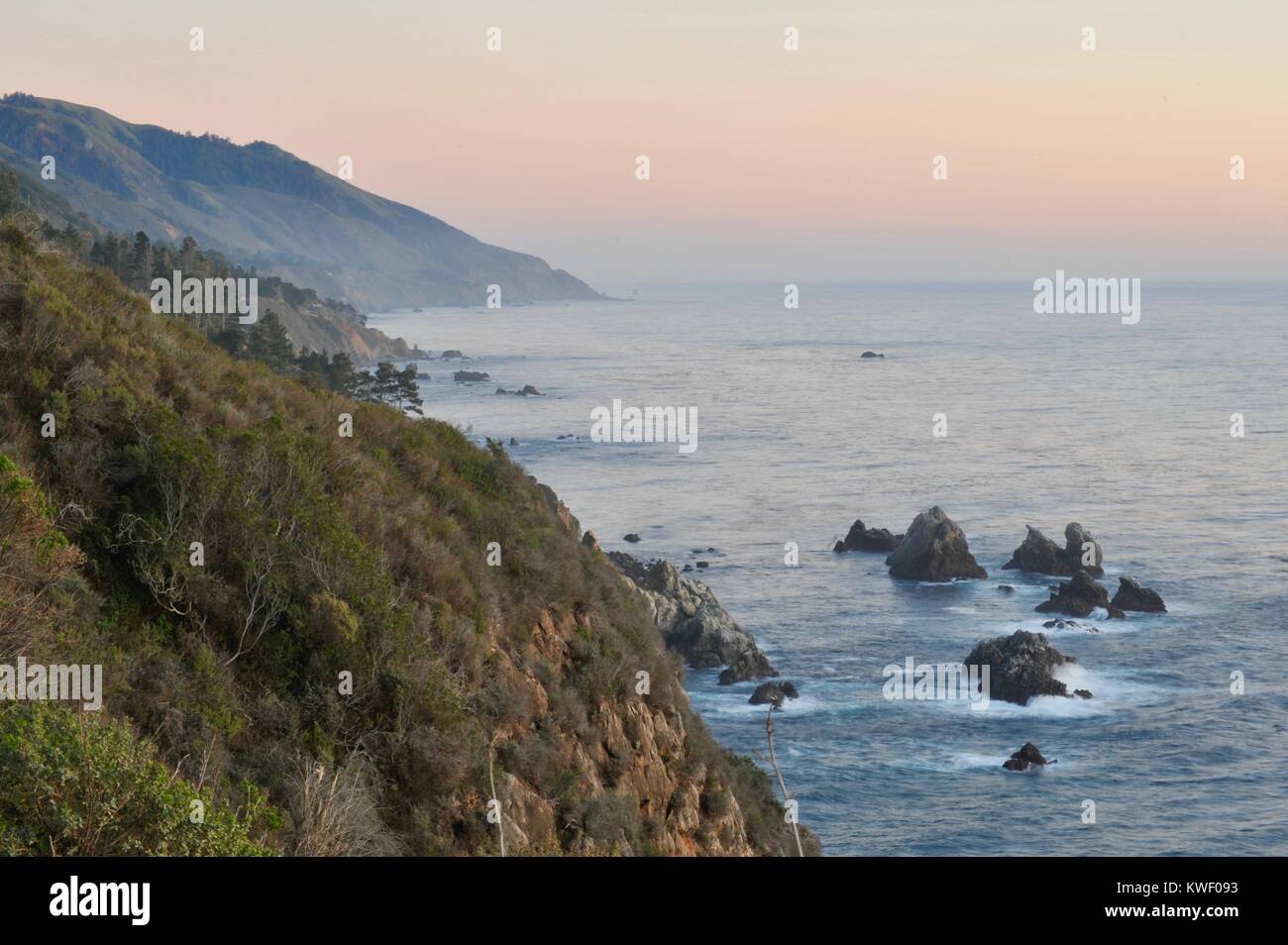 View of beautiful, rugged coastline and Pacific Ocean from along ...