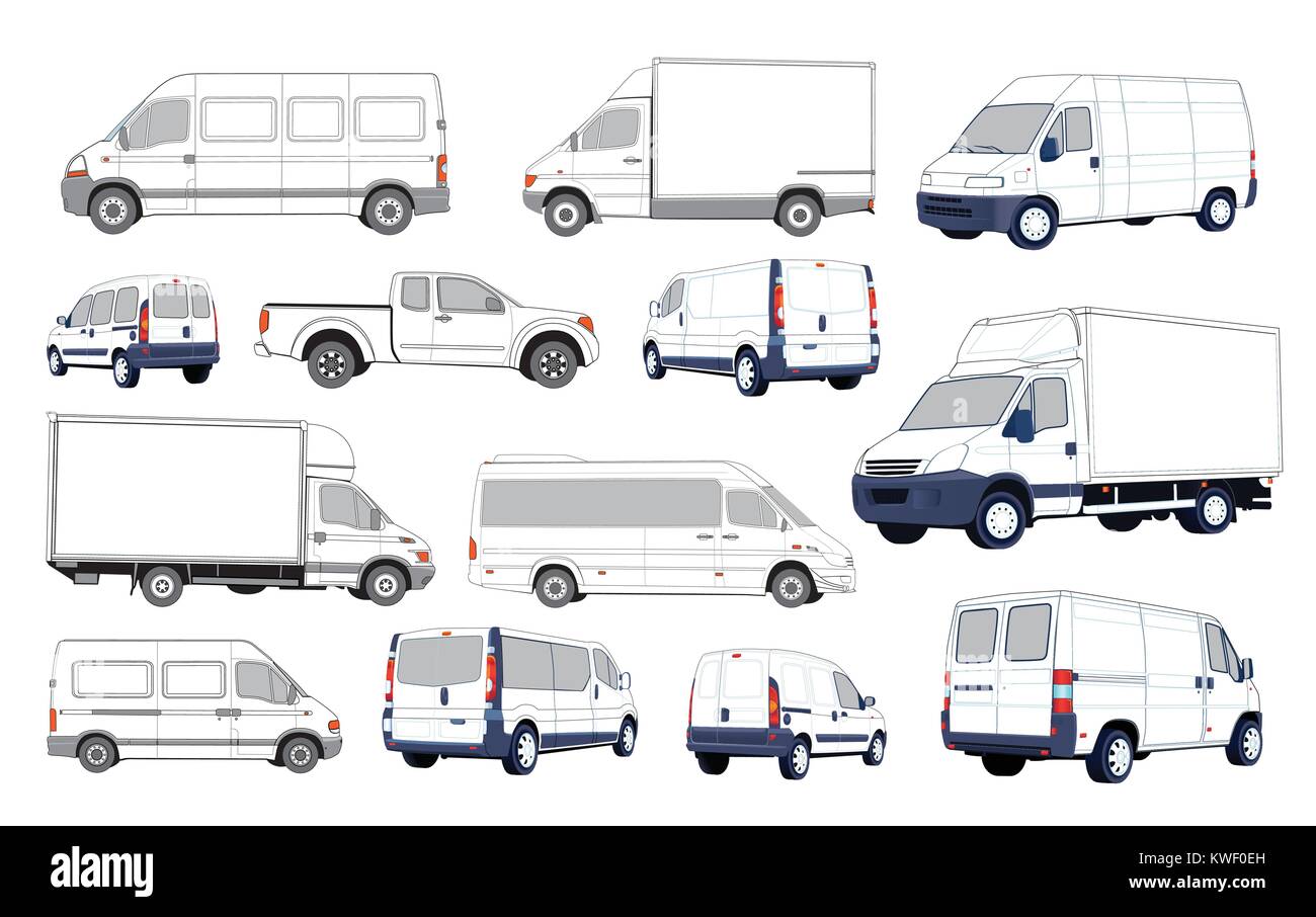 Set of black and white cars. Collection of various passenger cars and delivery trucks. Stock Vector