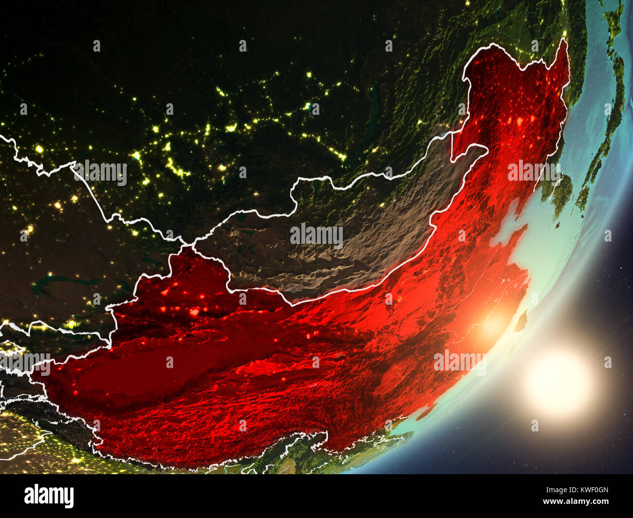 China from space with highly detailed surface textures and visible ...
