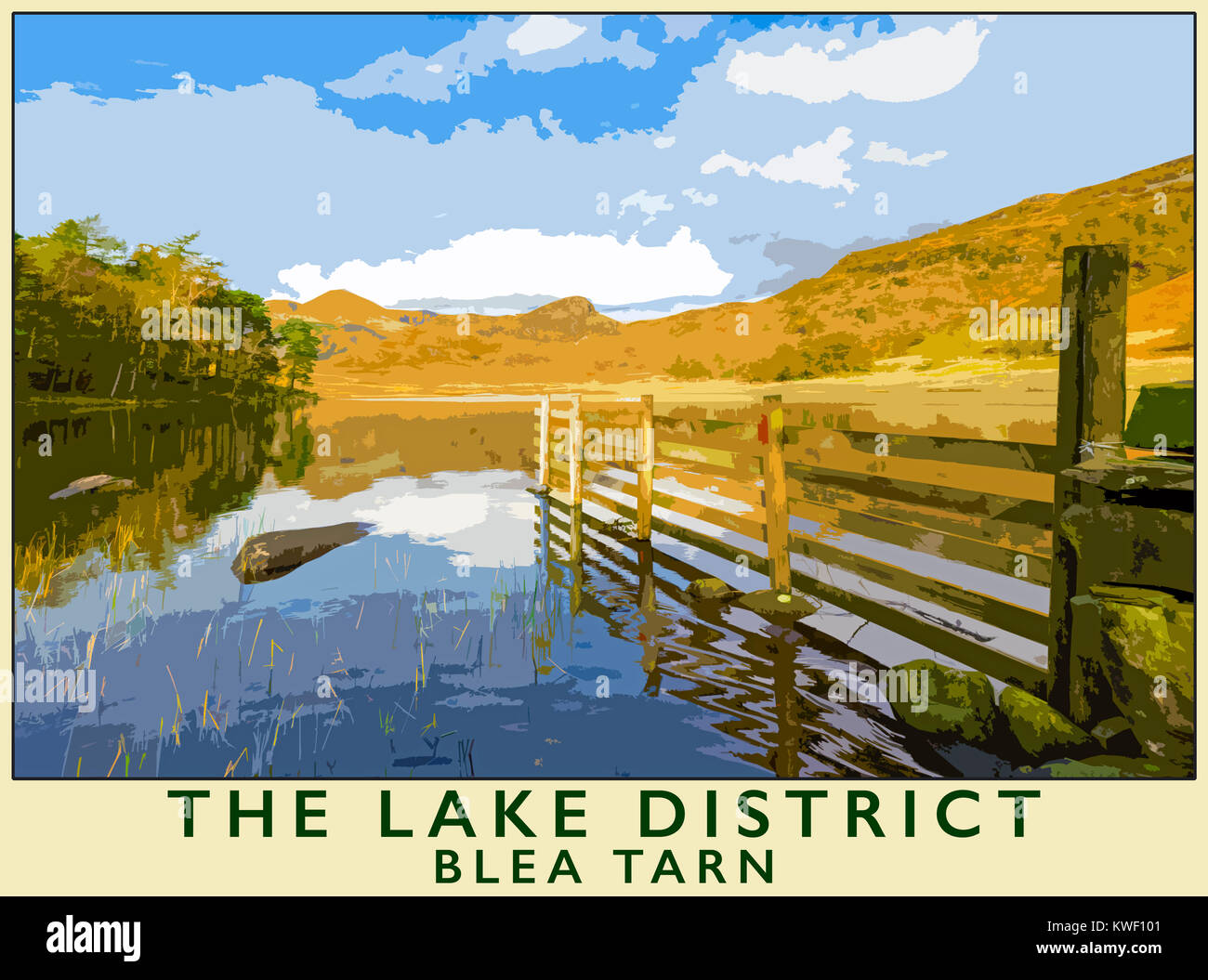 A poster style illustration taken from a photograph of autumn at Blea Tarn, Little Langdale ,Lake District National Park, Cumbria, England, UK Stock Photo
