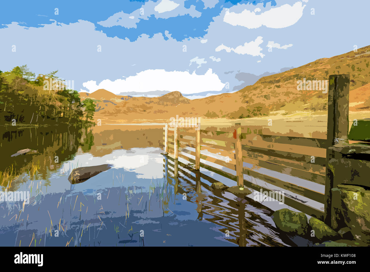 A poster style illustration taken from a photograph of autumn at Blea Tarn, Little Langdale ,Lake District National Park, Cumbria, England, UK Stock Photo