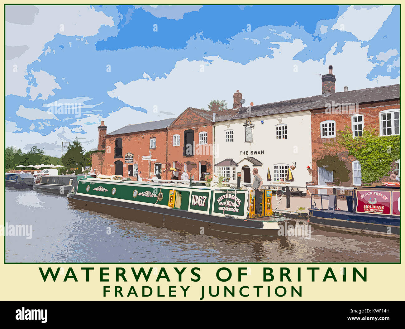 A poster style illustration taken from a photograph of Fradley Junction on the Trent and Mersey canal, Stafforshire, England, UK Stock Photo