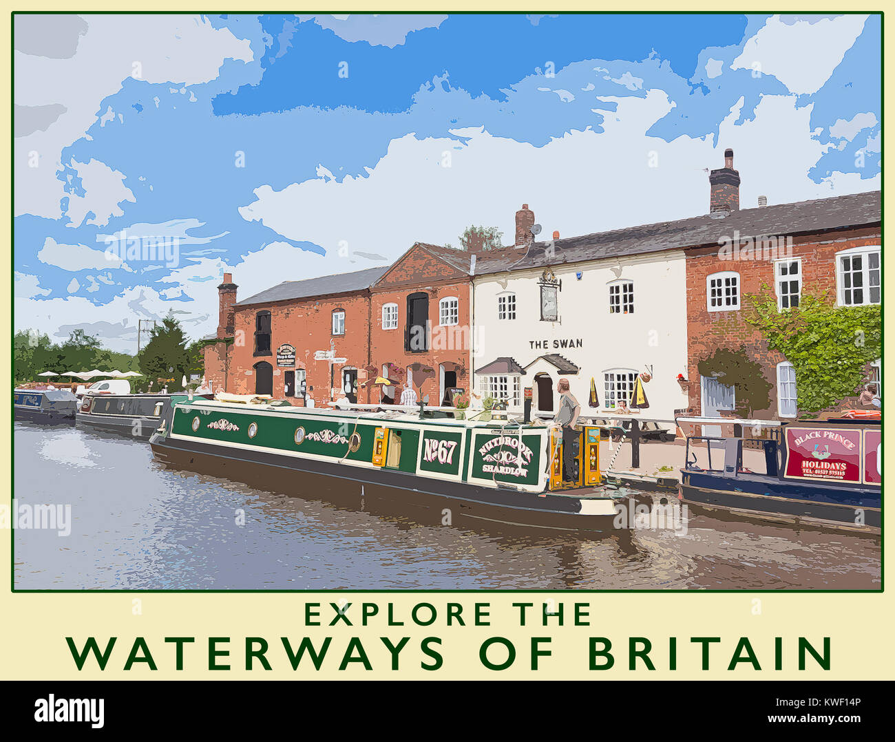 A poster style illustration taken from a photograph of Fradley Junction on the Trent and Mersey canal, Stafforshire, England, UK Stock Photo