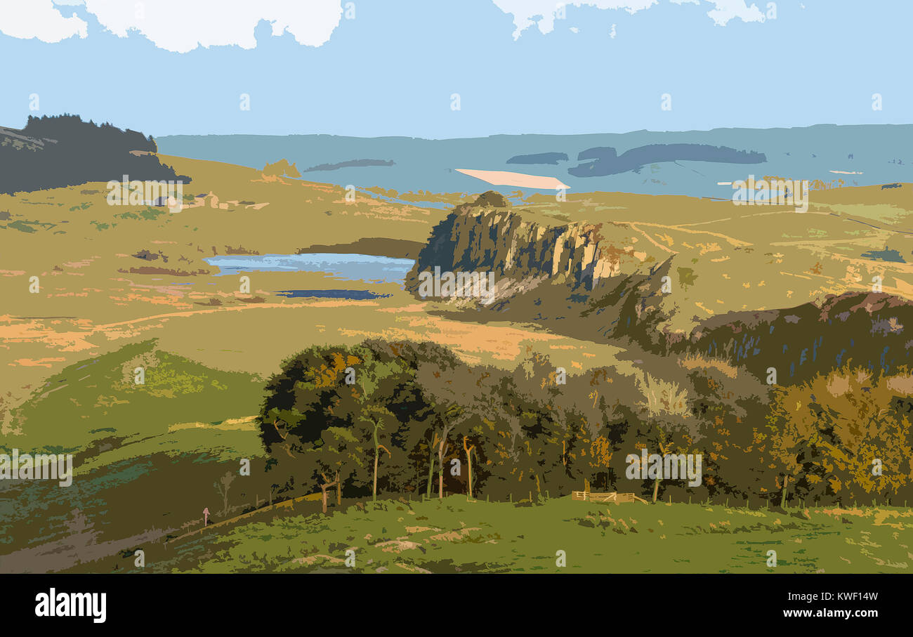 A poster style illustration taken from a photograph of Hadrain's Wall, Northumberland, England, UK Stock Photo
