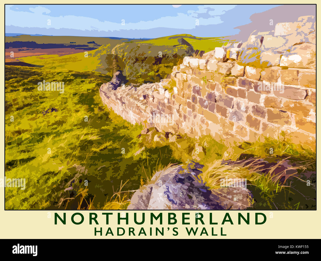 A poster style illustration taken from a photograph of Hadrain's Wall, Northumberland, England, UK Stock Photo