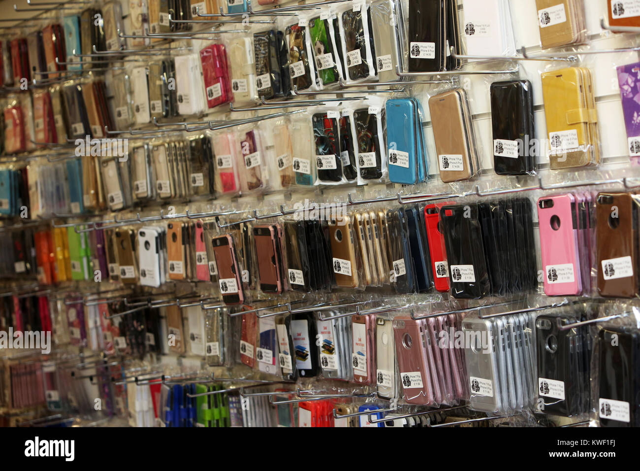 Inside shots of a phone and computer shop selling phone cases in Bognor Regis, West Sussex, UK. Stock Photo