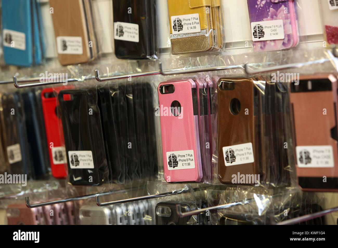 Inside shots of a phone and computer shop selling phone cases in Bognor Regis, West Sussex, UK. Stock Photo