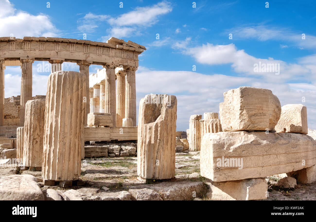 Ancient stones around Parthenon on the Acropolis, Athens, Greece, tilt