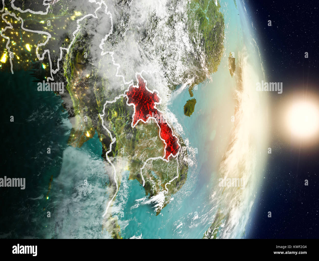 Laos during sunrise highlighted in red on planet Earth with visible ...
