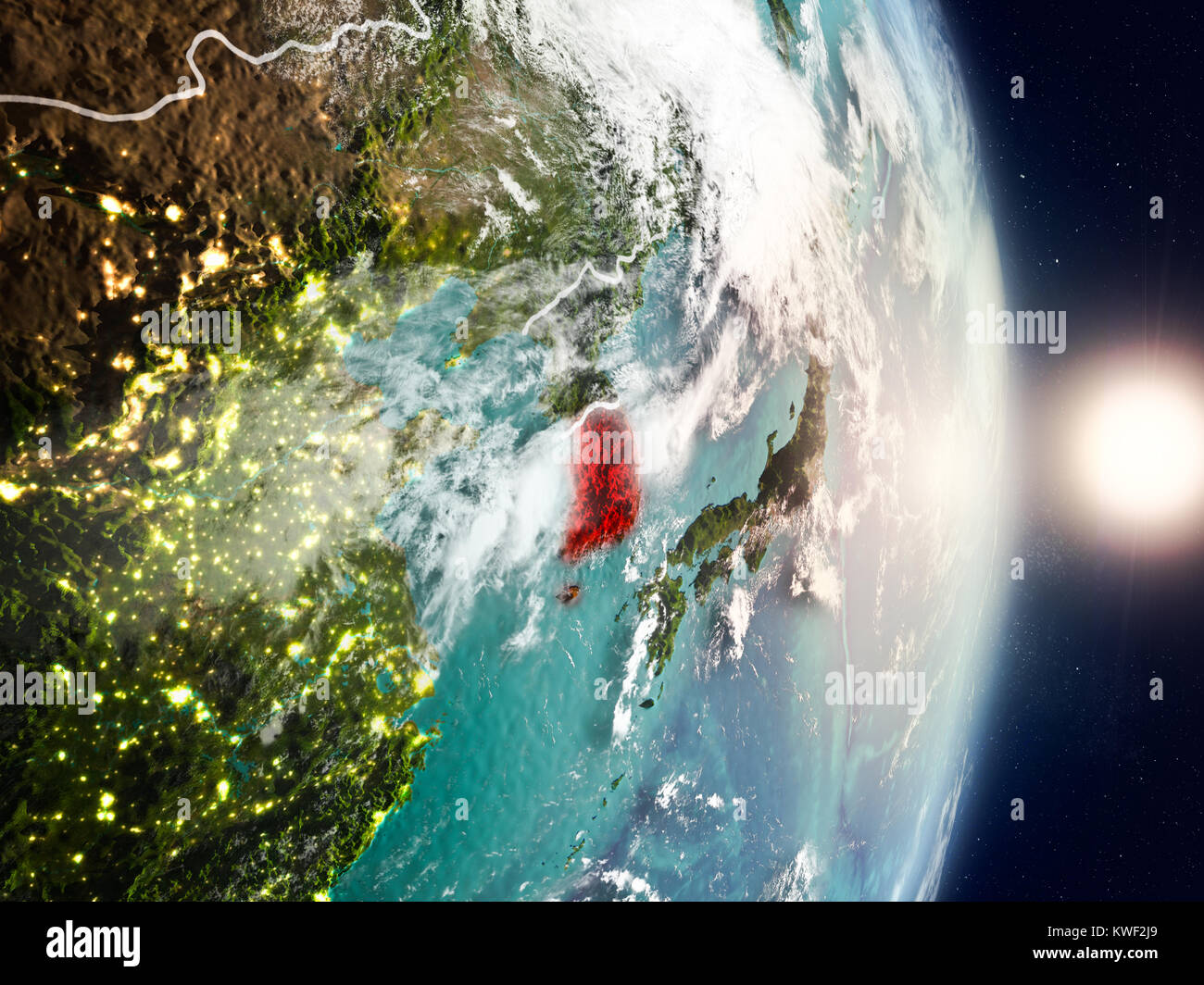 South Korea during sunrise highlighted in red on planet Earth with ...