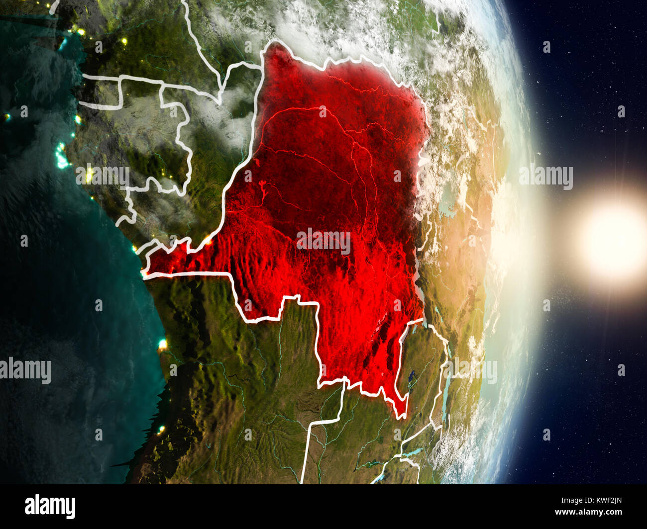 Democratic Republic of Congo during sunrise highlighted in red on ...