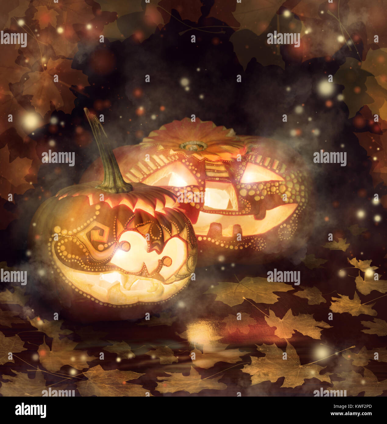 Two Halloween pumpkins on black abstract background Stock Photo - Alamy