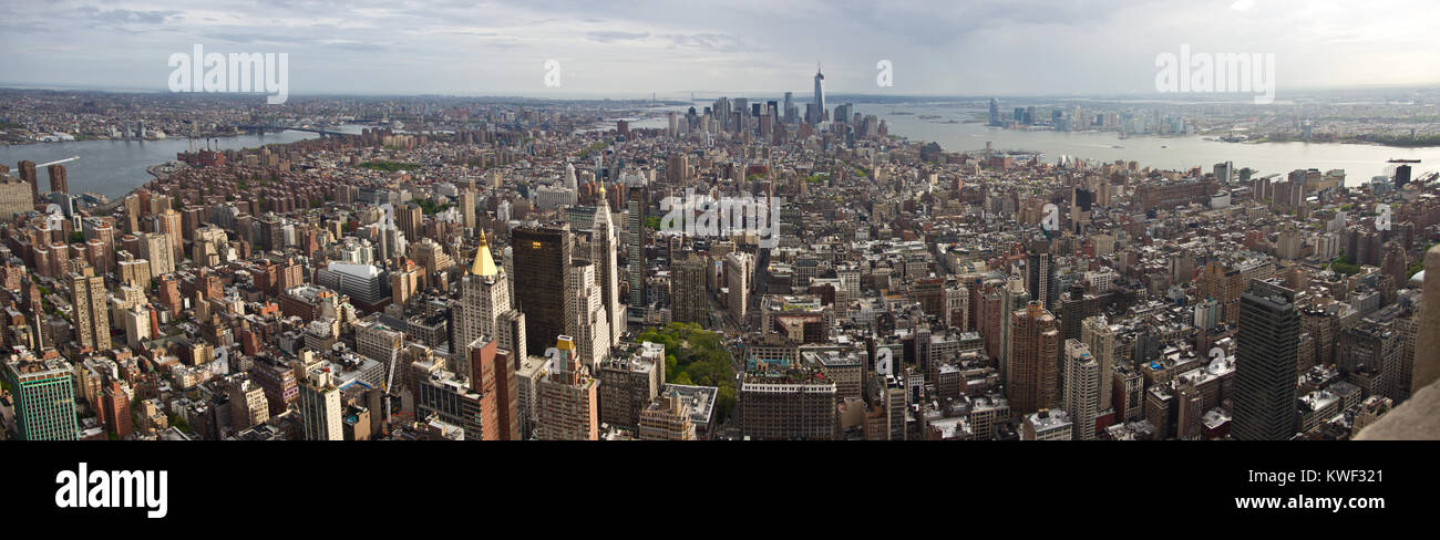 New York City comprises 5 boroughs sitting where the Hudson River meets the Atlantic Ocean. At its core is Manhattan, a densely populated borough. Stock Photo
