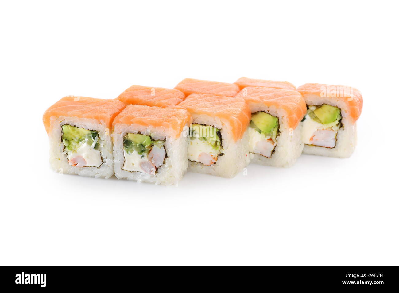 Sushi with rice, salmon, tiger shrimp, avocado, cheese, nori on a white background isolated Stock Photo