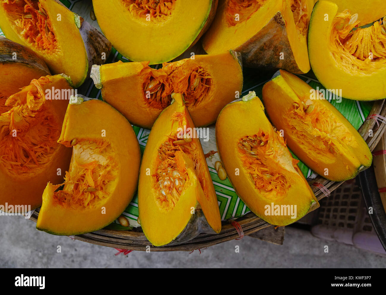 Slice of yellow pumpkin at Chinatown street market in Manila ...