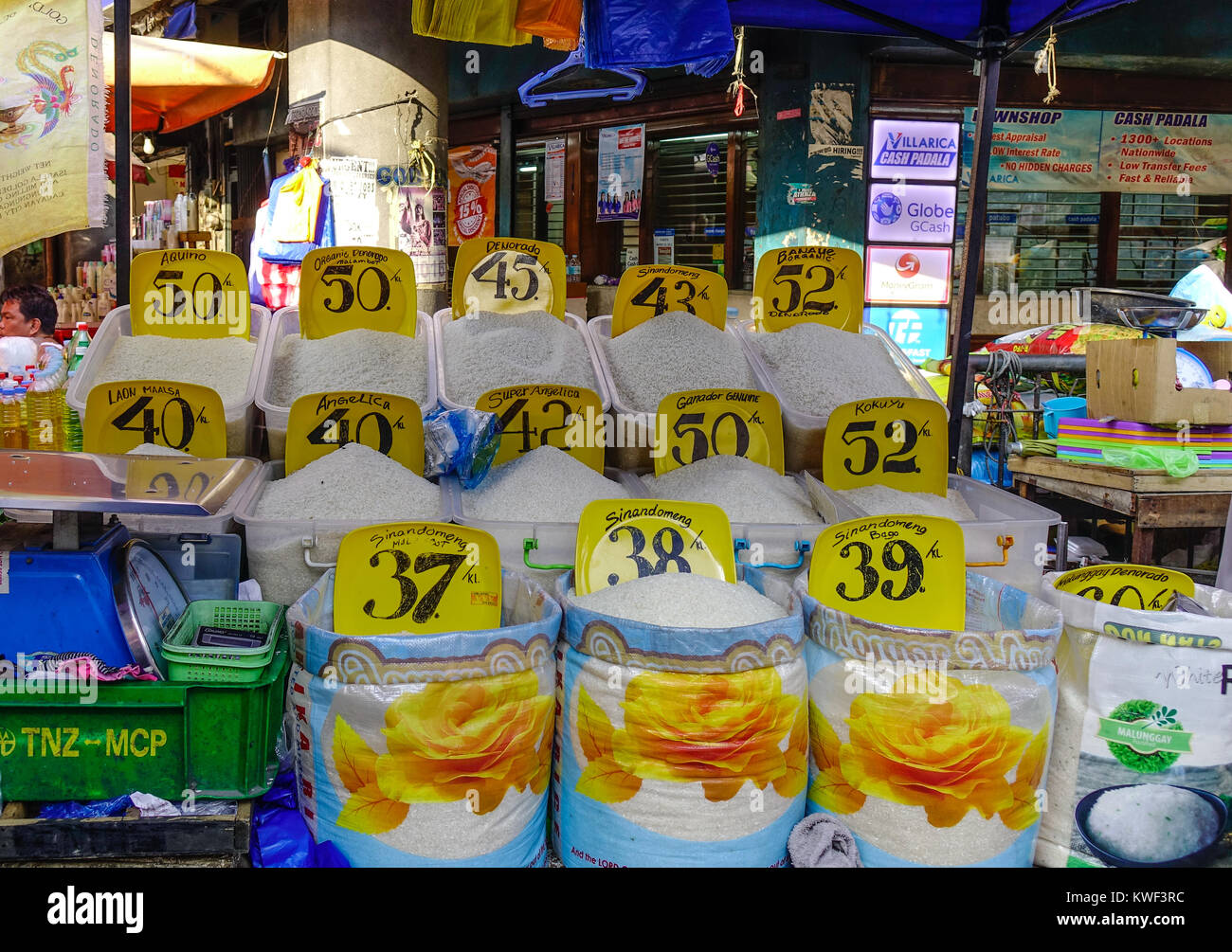 Manila, Philippines Apr 12, 2017. Many bags of rice in a local market