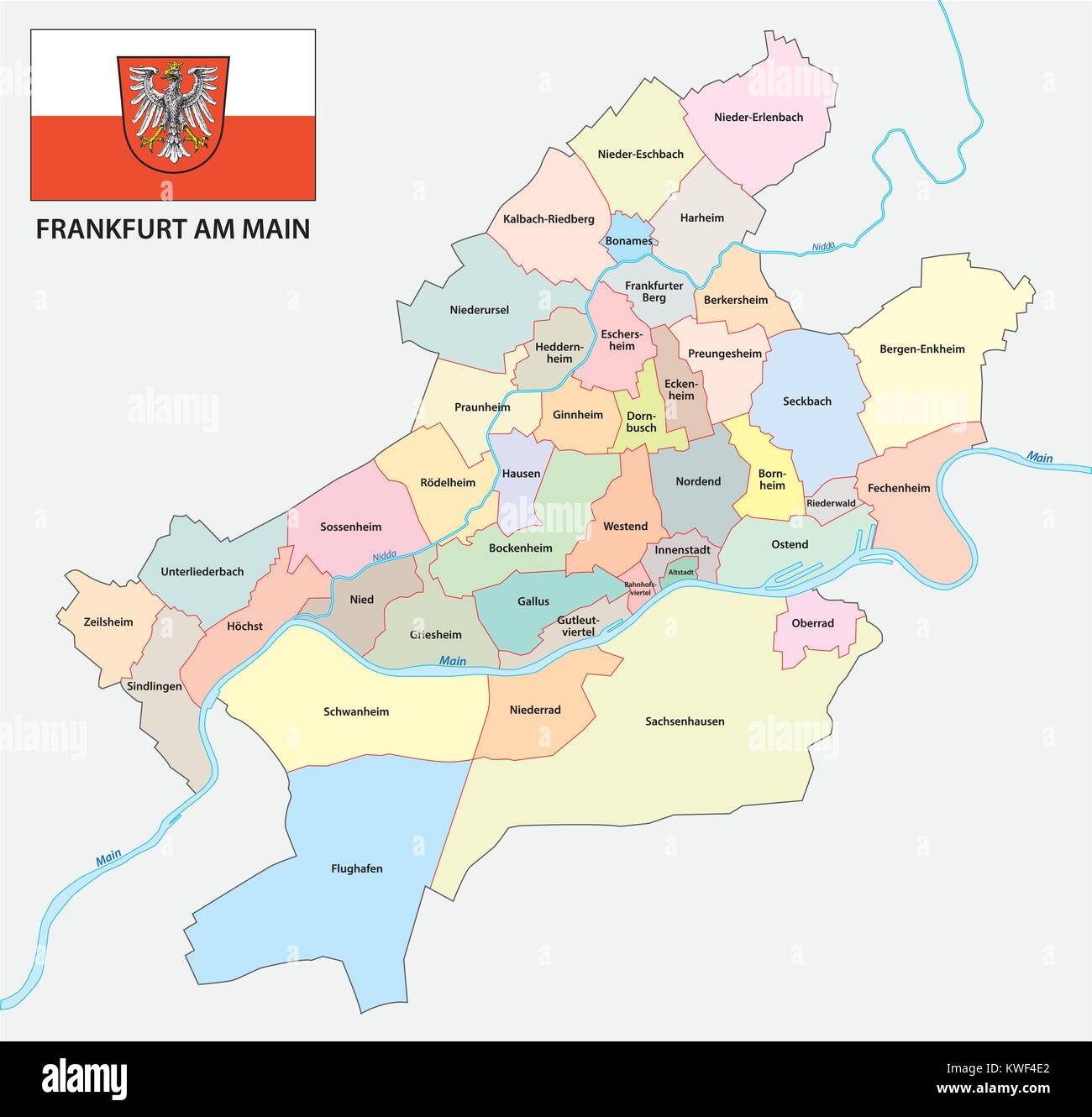 Frankfurt am Main administrative and political vector map with flag Stock Vector