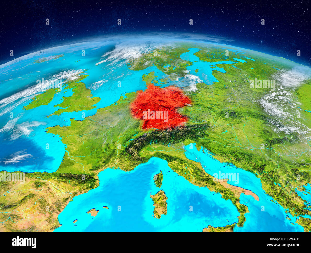 Orbit view of Germany highlighted in red on planet Earth with highly detailed surface textures. 3D illustration. Elements of this image furnished by N Stock Photo