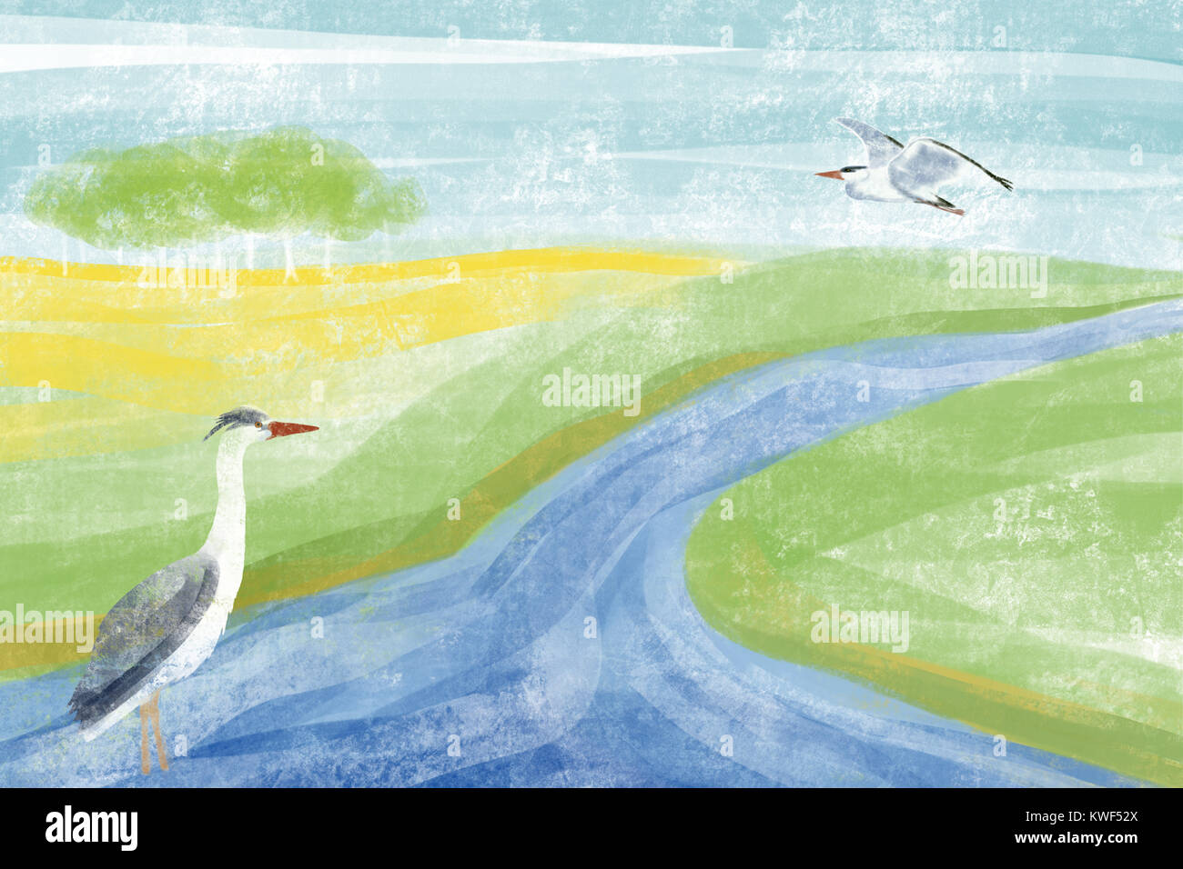 Illustration of a rural waterway with Grey Herons, England, UK Stock Photo