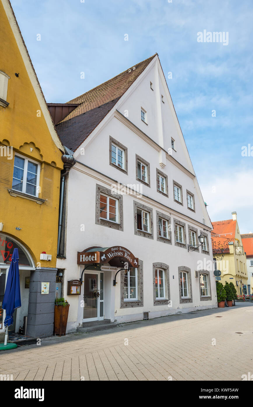 Memmingen, Germany - May 29, 2016: Hotel Weisses Ross in Memmingen, Bavaria, Germany, Europe. Stock Photo