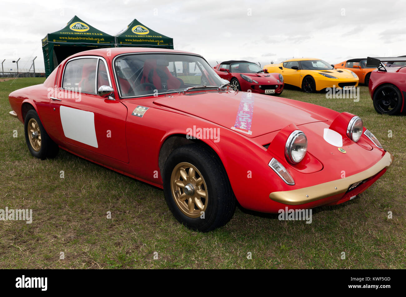 Three-quarter front view of a 1967 Lotus Elan+2, on static display at the 2017 Silverstone Classic Stock Photo