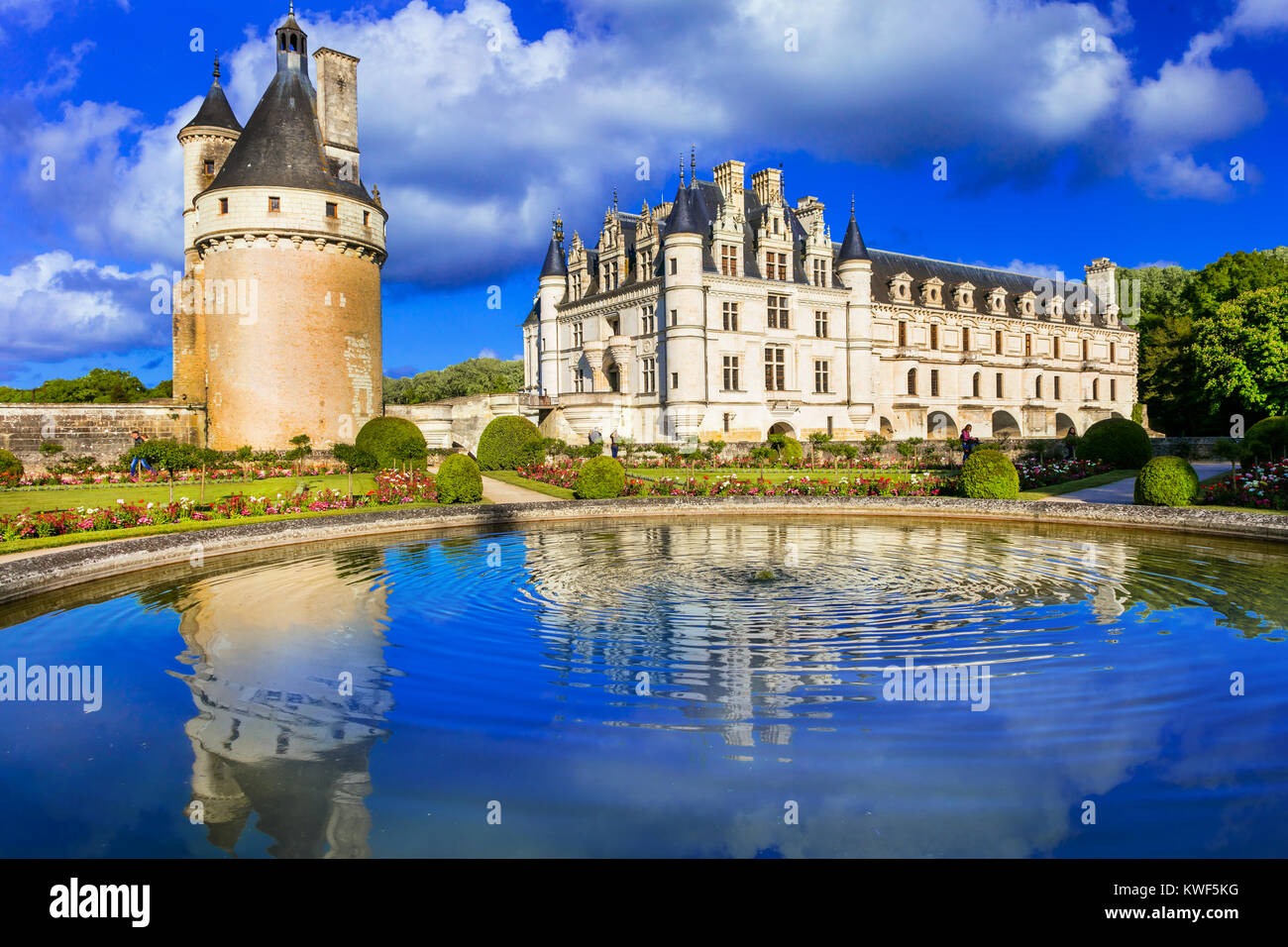 Elegant Chenonceau medieval castle,Loire valley,panoramic view,France. Stock Photo