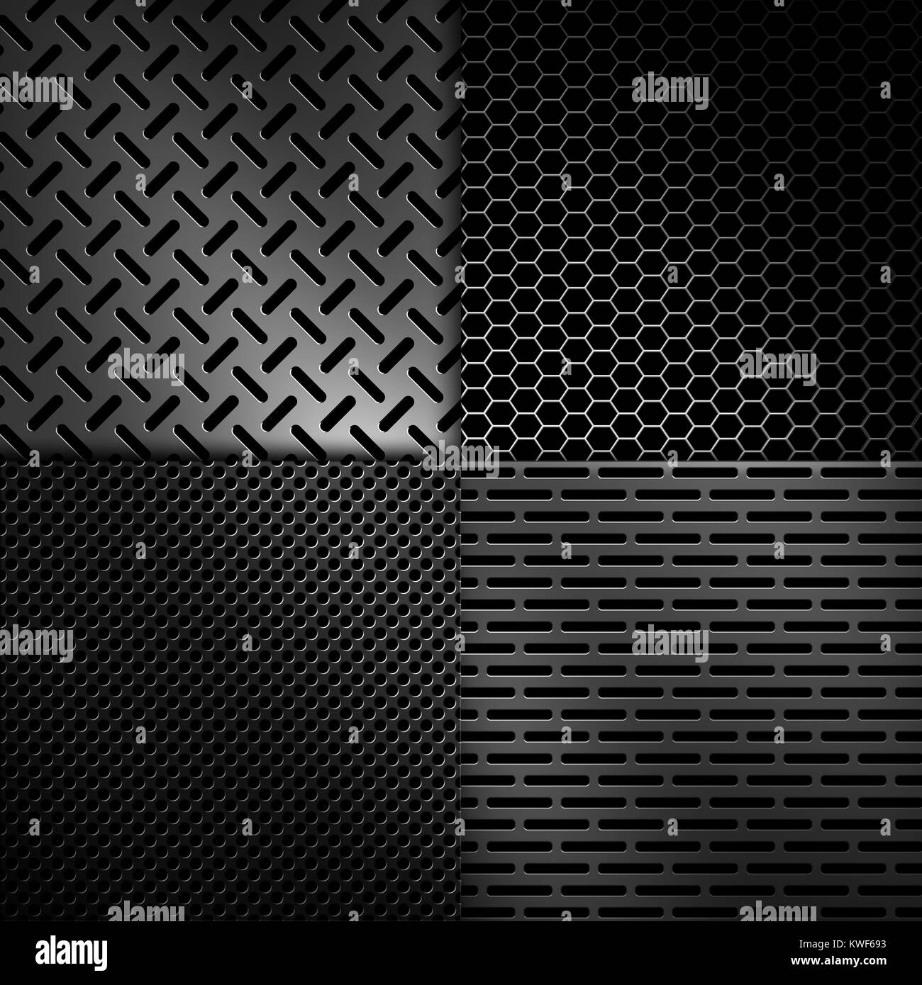 Four types of abstract modern grey perforated metal plate textures for background, wallpaper, graphic design Stock Photo