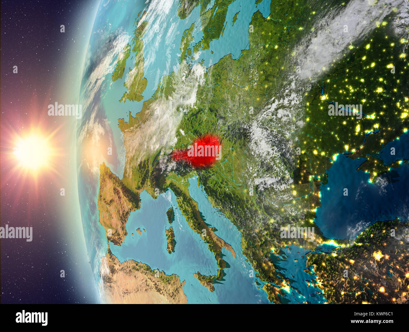 Austria as seen from space on planet Earth during sunset. 3D ...