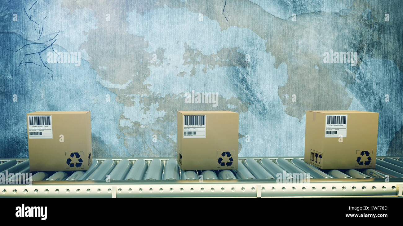 Composite image of packed courier on conveyor belt Stock Photo